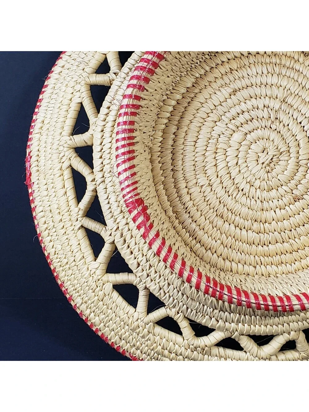 Hand Coiled Pedestal Basket Red Trim Round 11.5